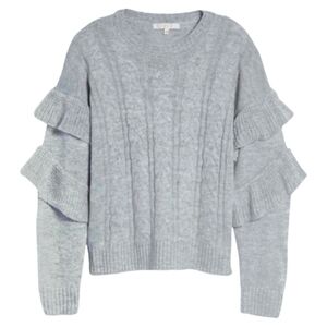 WAYF‎ Sophie Crop Cable Knit Sweater Heather Gray Ruffle Sleeve Women Large Crew